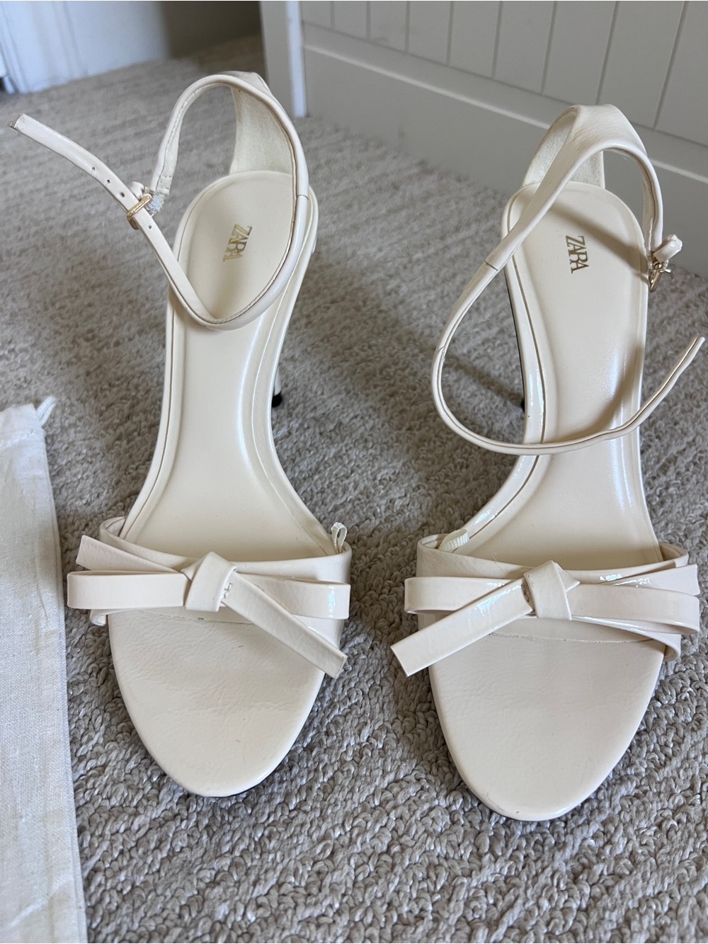 Zara Leather Patent Cream Ankle-Strap Bow Heels